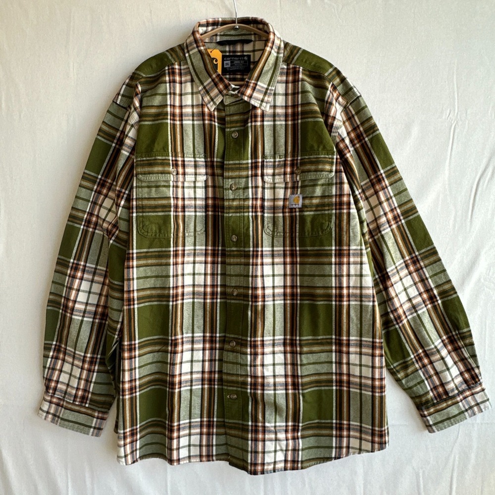 NWT Carhartt Flannel Shirt Relaxed Fit Red Plaid Button Up 2XL Long Sleeve